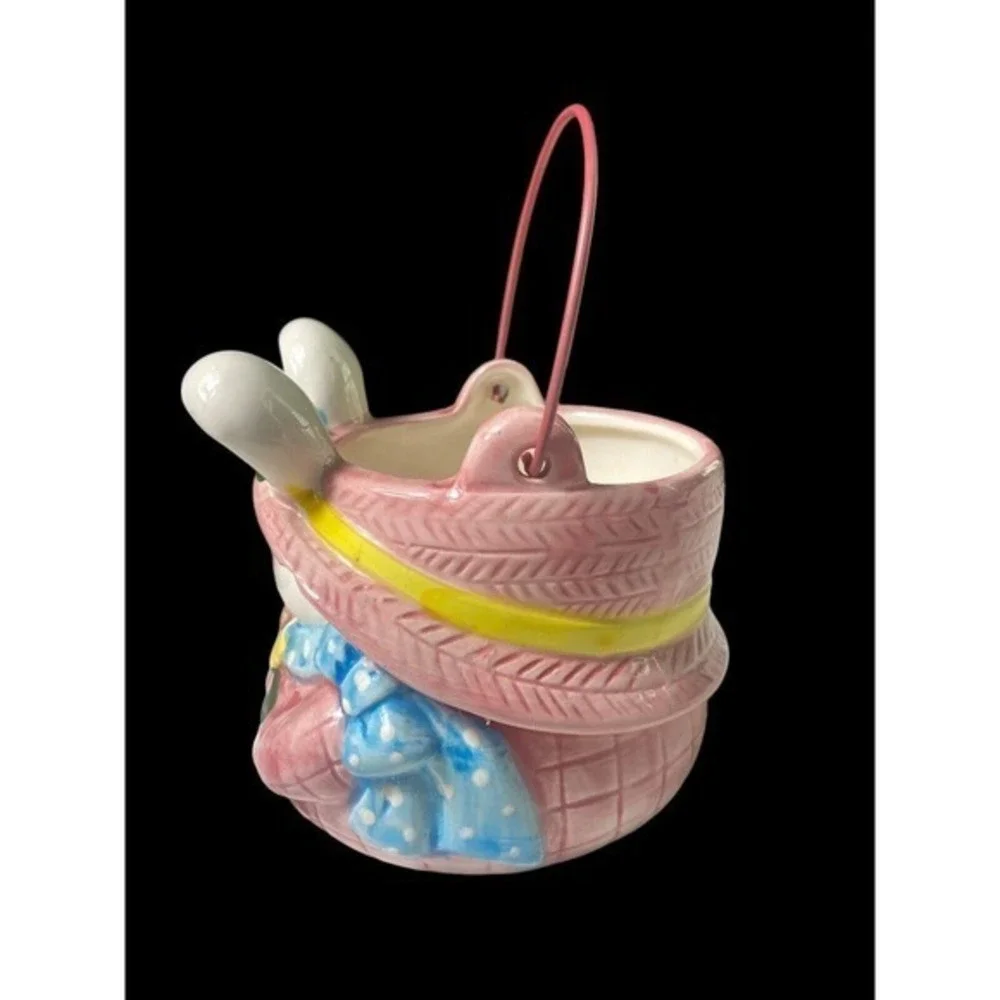 Vintage 2004 Ceramic Easter Bunny Mug Bunny Basket Jar Pink‎ Egg Collectibles